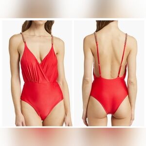 New FARM Rio Beaded Strap Plunge‎ Neck Red Cheeky One Piece Swimsuit Size L